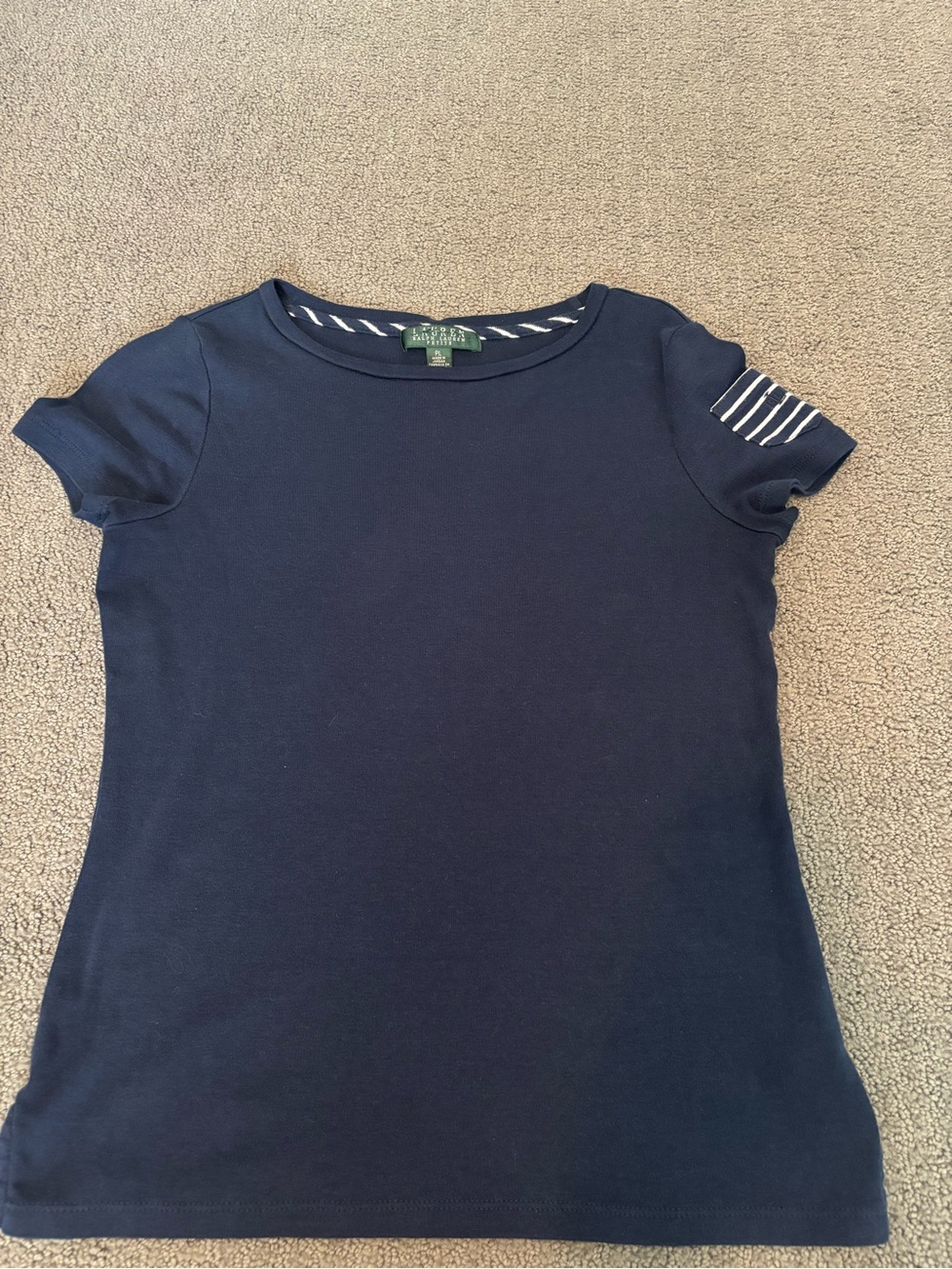 Ralph Lauren Navy Short-Sleeve Crewneck Tee with White Sleeve Stripes - Picture 4 of 7